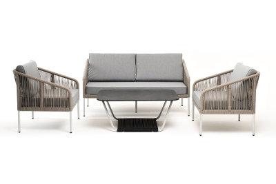 "Канны" лаунж-зона 4-местная из роупа со столом "Глория" (серый гранит), каркас алюминиевый светло-серый, роуп серый меланж