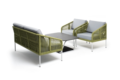 "Канны" лаунж-зона 4-местная из роупа со столом "Глория" (серый гранит), каркас алюминиевый светло-серый, роуп салатовый меланж