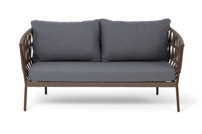 "Диего" диван 2-местный плетеный из роупа, каркас алюминий коричневый (RAL8016) муар, роуп коричневый круглый, ткань темно-серая 027 "Диего" диван 2-местный плетеный из роупа, каркас алюминий коричневый (RAL8016) муар, роуп коричневый круглый, ткань темно-серая 027