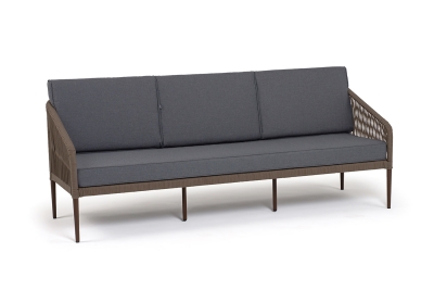 "Канны" диван 3-местный плетеный из роупа, каркас алюминий коричневый (RAL8016) муар, роуп коричневый круглый, ткань темно-серая 027 "Канны" диван 3-местный плетеный из роупа, каркас алюминий коричневый (RAL8016) муар, роуп коричневый круглый, ткань темно-серая 027