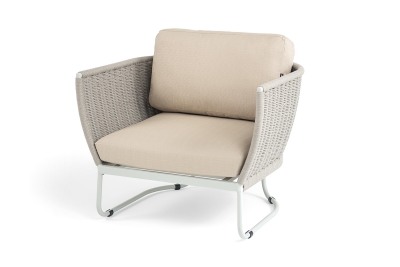 "Фиджи" кресло плетеное из роупа, каркас алюминий светло-серый (RAL7035) муар, роуп серый меланж круглый, ткань Mossle бежевая