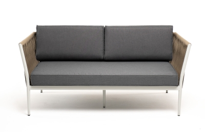 "Касабланка" диван 2-местный плетеный из роупа, каркас алюминий светло-серый (RAL7035) муар, роуп серо-коричневый 23мм, ткань серая 017