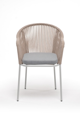 "Лион" стул плетеный из роупа, каркас из стали светло-серый (RAL7035) муар, роуп бежевый круглый, ткань светло-серая