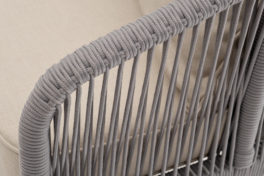 Канны диван 3-местный плетеный из роупа, каркас алюминий белый муар, роуп светло-серый круглый, ткань бежевая 15052 - фото 7