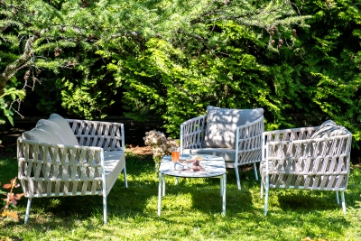 "Диего" лаунж-зона 4-местная плетеная из роупа (веревки), каркас алюминиевый белый, роуп бежевый