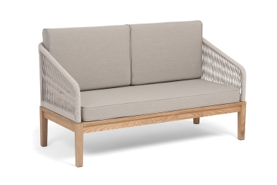 "Канны" диван 2-местный плетеный из роупа, основание дуб, роуп бежевый круглый, ткань бежевая 15052