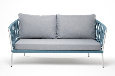 "Диего" диван 2-местный плетеный из роупа, каркас алюминий светло-серый (RAL7035) муар, роуп бирюзовый круглый, ткань светло-серая "Диего" диван 2-местный плетеный из роупа, каркас алюминий светло-серый (RAL7035) муар, роуп бирюзовый круглый, ткань светло-серая