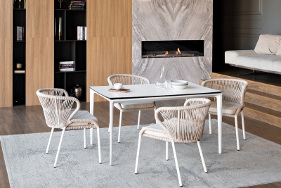 "Малага" обеденная группа на 4 персоны со стульями "Милан", каркас белый, роуп бежевый "Малага" обеденная группа на 4 персоны со стульями "Милан", каркас белый, роуп бежевый