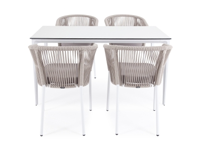 "Малага" обеденная группа на 4 персоны со стульями "Марсель", каркас белый, роуп бежевый "Малага" обеденная группа на 4 персоны со стульями "Марсель", каркас белый, роуп бежевый