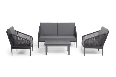 "Канны" лаунж-зона 4-местная (разборная) из роупа со столиком "Канны" цвета "серый гранит", роуп роуп темно-серый круглый, ткань темно-серая