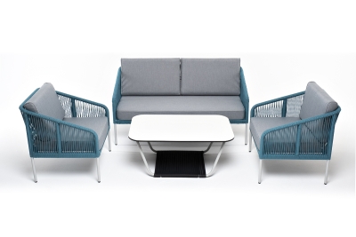 "Канны" лаунж-зона 4-местная из роупа со столом "Гранада" (молочный), каркас алюминиевый светло-серый, роуп бирюзовый