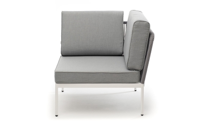 "Канны" угловой модуль плетеный из роупа, каркас алюминий белый шагрень, роуп светло-серый круглый, ткань светло-серая "Канны" угловой модуль плетеный из роупа, каркас алюминий белый шагрень, роуп светло-серый круглый, ткань светло-серая