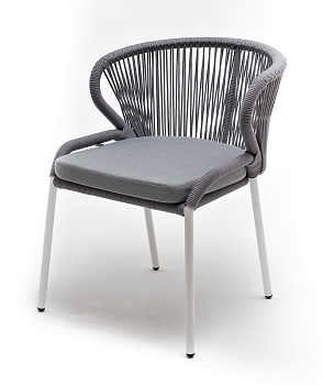 "Милан" стул плетеный из роупа, каркас алюминий белый муар, роуп светло-серый круглый, ткань светло-серая "Милан" стул плетеный из роупа, каркас алюминий белый муар, роуп светло-серый круглый, ткань светло-серая