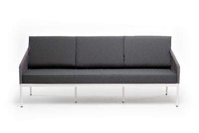 "Канны" диван 3-местный плетеный из роупа, каркас алюминий белый муар, роуп светло-серый круглый, ткань серая 017 "Канны" диван 3-местный плетеный из роупа, каркас алюминий белый муар, роуп светло-серый круглый, ткань серая 017