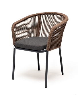 "Марсель" стул плетеный из роупа, каркас алюминий серый (RAL7022) муар, роуп коричневый круглый, ткань темно-серая 027 "Марсель" стул плетеный из роупа, каркас алюминий серый (RAL7022) муар, роуп коричневый круглый, ткань темно-серая 027