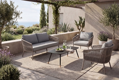 "Комо" лаунж-зона 4-местная плетеная из роупа (веревки), каркас алюминиевый бежево-серый, роуп серо-коричневый