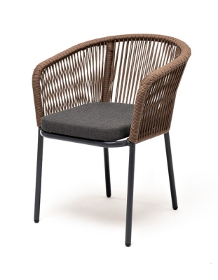 "Марсель" стул плетеный из роупа, каркас алюминий серый (RAL7022) муар, роуп коричневый круглый, ткань темно-серая 027 "Марсель" стул плетеный из роупа, каркас алюминий серый (RAL7022) муар, роуп коричневый круглый, ткань темно-серая 027