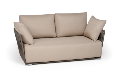 "Форли" диван 2-местный плетеный из роупа, каркас алюминий светло-серый (RAL7035) муар, роуп серо-коричневый 23мм, ткань Mossle бежевая