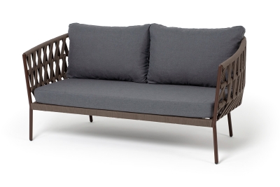 "Диего" диван 2-местный плетеный из роупа, каркас алюминий коричневый (RAL8016) муар, роуп коричневый круглый, ткань темно-серая 027