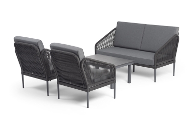 "Канны" лаунж-зона 4-местная (разборная) из роупа со столиком "Канны" цвета "серый гранит", роуп роуп темно-серый круглый, ткань темно-серая