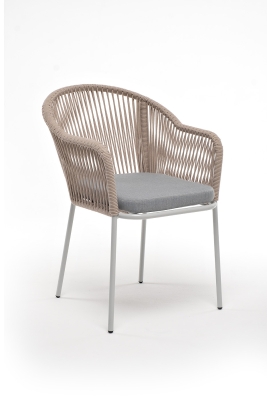 "Лион" стул плетеный из роупа, каркас из стали светло-серый (RAL7035) муар, роуп бежевый круглый, ткань светло-серая "Лион" стул плетеный из роупа, каркас из стали светло-серый (RAL7035) муар, роуп бежевый круглый, ткань светло-серая