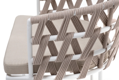 "Диего" стул плетеный из роупа, каркас из стали белый муар, роуп бежевый круглый, ткань бежевая 15052