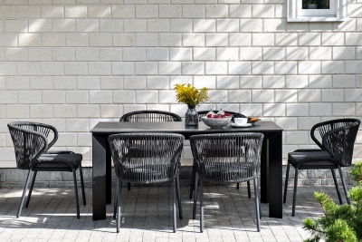 "Венето" обеденная группа на 6 персон со стульями "Милан", каркас темно-серый, роуп темно-серый