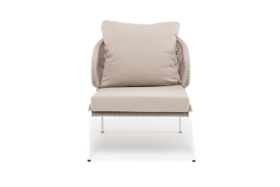 "Милан" кресло плетеное из роупа, каркас алюминий белый муар, роуп бежевый круглый, ткань бежевая 15052