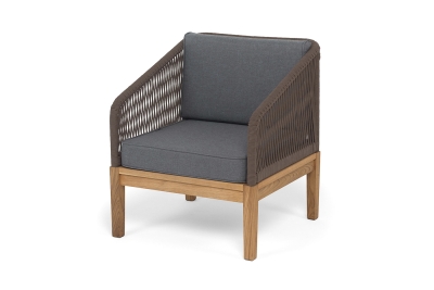 "Канны" кресло плетеное из роупа, основание дуб, роуп коричневый круглый, ткань темно-серая 027