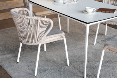 "Малага" обеденная группа на 4 персоны со стульями "Милан", каркас белый, роуп бежевый "Малага" обеденная группа на 4 персоны со стульями "Милан", каркас белый, роуп бежевый