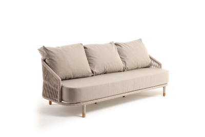 "Верона" диван 3-местный плетеный из роупа, каркас алюминий белый муар, роуп бежевый круглый, ткань бежевая 15052