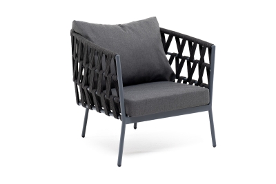 "Диего" кресло плетеное из роупа, каркас алюминий темно-серый (RAL7024) муар, роуп темно-серый круглый, ткань темно-серая 027 "Диего" кресло плетеное из роупа, каркас алюминий темно-серый (RAL7024) муар, роуп темно-серый круглый, ткань темно-серая 027