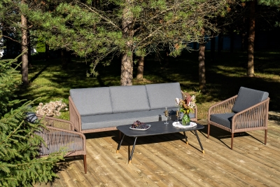 "Канны" лаунж-зона 5-местная из роупа со столом "Верона" (серый гранит), каркас алюминиевый коричневый, роуп коричневый