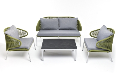 "Милан" лаунж-зона 4-местная плетеная из роупа (веревки), каркас алюминиевый светло-серый, роуп салатовый меланж