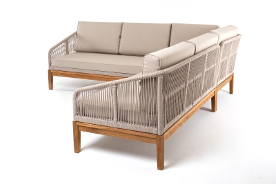 "Канны" диван модульный плетеный из роупа, основание дуб, роуп бежевый круглый, ткань бежевая 15052