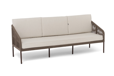 "Канны" диван 3-местный плетеный из роупа, каркас алюминий коричневый (RAL8016) муар, роуп коричневый круглый, ткань бежевая 15052