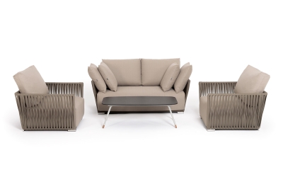 "Форли" лаунж-зона 4-местная плетеная из роупа (веревки), каркас алюминиевый светло-серый, роуп серо-коричневый