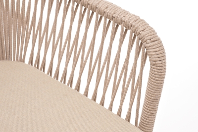 "Лион" стул плетеный из роупа, каркас из стали белый муар, роуп бежевый круглый, ткань бежевая 052 "Лион" стул плетеный из роупа, каркас из стали белый муар, роуп бежевый круглый, ткань бежевая 052