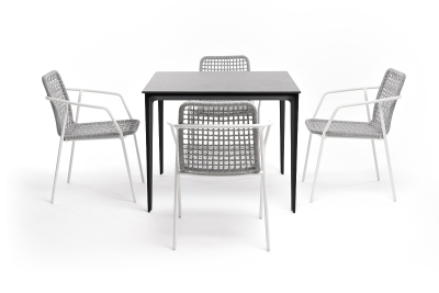 "Малага" обеденная группа на 4 персоны со стульями "Тунис", каркас белый, роуп светло-серый