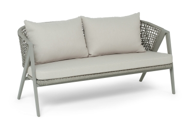 "Амстердам" диван 2-местный плетеный из роупа, каркас алюминий, роуп серый круглый, ткань бежевая