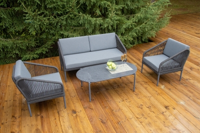 "Канны" лаунж-зона 4-местная (разборная) из роупа со столиком "Диего" цвета "серый гранит", роуп темно-серый круглый, ткань темно-серая