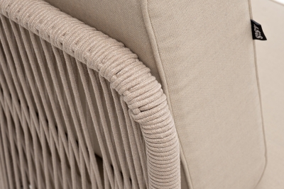 "Канны" угловой модуль плетеный из роупа, каркас алюминий белый муар, роуп бежевый круглый, ткань бежевая 15052 "Канны" угловой модуль плетеный из роупа, каркас алюминий белый муар, роуп бежевый круглый, ткань бежевая 15052