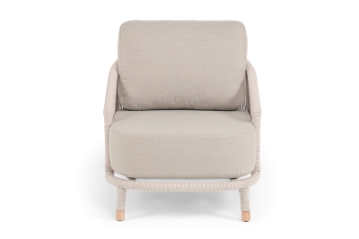 "Верона" кресло плетеное из роупа, каркас алюминий белый муар, роуп бежевый круглый, ткань бежевая 15052