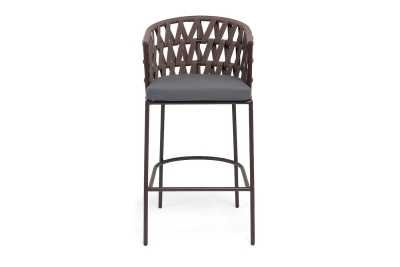 "Диего" стул барный плетеный из роупа, каркас из стали коричневый (RAL8016) муар, роуп коричневый круглый, ткань темно-серая 027