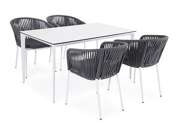 "Малага" обеденная группа на 4 персоны со стульями "Бордо", каркас белый, роуп серый "Малага" обеденная группа на 4 персоны со стульями "Бордо", каркас белый, роуп серый