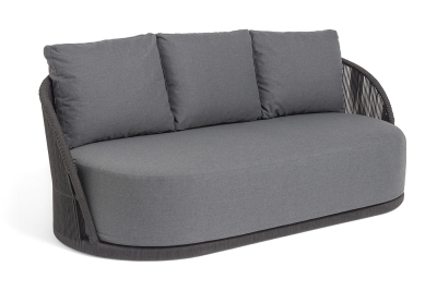 "Монтелла" диван 3-местный плетеный из роупа, каркас алюминий темно-серый (RAL7024) муар, роуп темно-серый круглый, ткань темно-серая 027