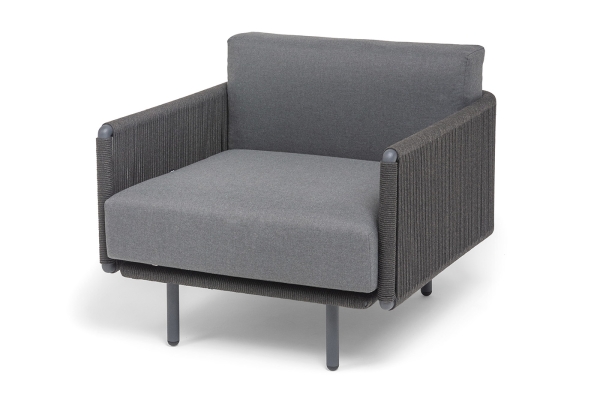 "Джелло" кресло плетеное из роупа, каркас алюминий темно-серый (RAL7024) муар, роуп темно-серый круглый, ткань темно-серая 027