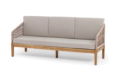 "Канны" диван 3-местный плетеный из роупа, основание дуб, роуп коричневый круглый, ткань бежевая