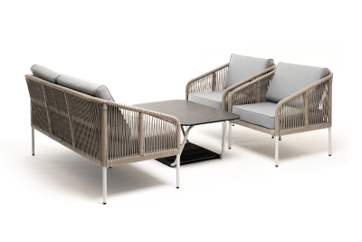 "Канны" лаунж-зона 4-местная из роупа со столом "Глория" (серый гранит), каркас алюминиевый светло-серый, роуп серый меланж