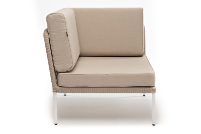 "Канны" угловой модуль плетеный из роупа, каркас алюминий белый муар, роуп бежевый круглый, ткань бежевая 15052 "Канны" угловой модуль плетеный из роупа, каркас алюминий белый муар, роуп бежевый круглый, ткань бежевая 15052